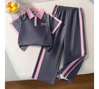 2 pièces Ensemble décontracté pour filles préadolescentes, top polo avec détail nœud et pantalon large rayé blocs de couleurs, style rentrée scolaire et sportif 8Y,9Y,10Y,11Y,12YBlocs de couleur,graph