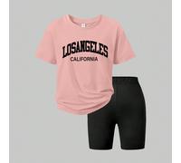 2 pièces Ensemble décontracté pour préadolescentes, t-shirt graphique avec lettres assorti à des shorts de vélo, convient pour les sorties décontractées, les jours d'école, le port estival 7Y,8Y,9Y,10