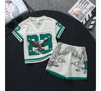 2 pièces Ensemble décontracté streetwear sport garçon bambin - T-shirt col en V ample à manches courtes avec imprimé aigle et motif rayé + short maille, vêtements pour bébé/nouveau-né, 6M-3A 6-9M,9-12