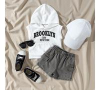2 pièces Ensemble d'été pour bébé garçon blanc, top sans manches à capuche avec imprimé lettre & short en denim, style décontracté Street Life, mode de rue graphique, rentrée scolaire 6-9M,9-12M,12-18