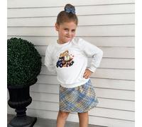 2 pièces Ensemble élégant de style urbain scolaire pour jeune fille avec Sweat-shirt-shirt côtelé blanc à motifs citrouille et chiot, et mini-jupe à carreaux bleu-jaune. Convient pour les fêtes, les s