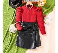 2 pièces Ensemble élégant pour fille préadolescente, incluant un T-shirt à manches gigot en tricot texturé de couleur unie à col rond et une mini-jupe en PU, pour le printemps et l'automne 8Y,9Y,10Y,1