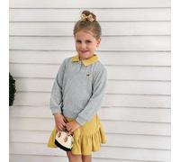 2 pièces Ensemble élégant pour jeune fille en ville, Sweat-shirt-shirt à col polo gris avec graphique de chiot mignon et mini-jupe en velours côtelé jaune, convient pour les fêtes, les sorties, le por