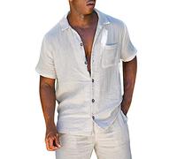 2 Pièces Ensemble été Homme en Coton et Lin Chemise à Manches Courtes Col Revers avec Boutons Shorts Taille Elastique Cordon De Serrage Poches Ample Couleur Unie Casual Léger de Plage Tenues