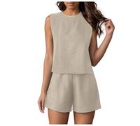 2 Pieces Ensemble Femme Couleur unie Pantalon Et Haut Fluide Décontracté Sans manches Col rond Haut Confortable Respirant Pantalon Fluide Basiques Respirant Tenue D'été Décontractée (Beige, XL)