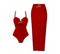 2 pièces/ensemble Femme Ensemble de maillot de bain à bandoulière ajourée rouge et robe de plage, tenue d'été de loisirs nouvelles 2025 L,M,S,XLUnicoloreTissu en tulle,Tissu du maillot de bain