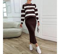 2 pièces Ensemble Femme : Pull à col ras du cou en molleton à rayures larges avec épaules tombantes et jupe mi-longue en tricot L,M,SBlocs de couleur,RayéLaine peignée