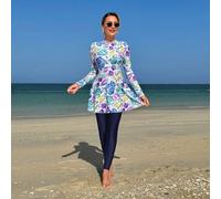 2 pièces Ensemble femme : Top moulant à col montant à manches longues imprimé coquillage et robe mi-longue à ligne A avec pantalon moulant, Burkini pour femme du Moyen-Orient L,M,S,XLgraphique,Tie dye