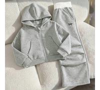 2 pièces/Ensemble Fille Tout-Petite sweat-shirt à Capuche Court Zippé Couleur Unie Confortable Décontracté + Pantalon Droit à Taille Élastique avec Nœud Brodé Design Plissé Couleur Contrastée, Convien