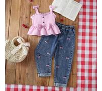 2 pièces/Ensemble Filles Tout-petits Extérieur Minimaliste Doux Mignon Énergique Mode Rouge Vif Nœud Bouton Dentelle Débardeur et Jean Denim Bleu Vintage Distressé Brodé de Cerises Coupe Fuselée 6Y,7Y