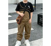 2 pièces/Ensemble Garçon Préadolescent T-shirt à col rond imprimé rayures & pois avec logo cheval, couleurs contrastées noir & marron, polyvalent, à la mode et confortable & Pantalon cargo noir à reve