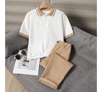 2 pièces Ensemble Gentleman pour adolescent, Polo à manches courtes + Pantalon long, Élégant tenue de cérémonie pour anniversaire, mariage, anniversaire, remise des diplômes, Vieux argent Été 14Y,13Y,