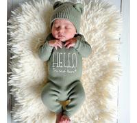 2 pièces Ensemble "Hello World" Tenue d'annonce de naissance de bébé Combinaison en tricot pour nouveau-né garçon fille avec chapeau d'ours Tenue de photographie pour nouveau-né Vêtements de bébé neut