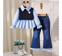 2 pièces/ensemble Jeune fille mode décontractée 2 en 1 Top col polo et ensemble jean à ourlet évasé 6Y,7Y,4Y,5Y,2-3YRayéJean,Polyester