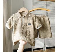 2 pièces Ensemble jeune garçon décontracté comprenant un Top en tricot avec col polo et imprimé lettre, et un short, adapté pour le printemps, l'été et l'automne à l'extérieur 6Y,7Y,4Y,5Y,2-3YUnicolor