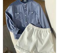 2 pièces Ensemble jeune garçon décontracté mignon polyvalent chemise à manches longues bleue et short à taille élastique, convient pour l'anniversaire, la fête, la soirée, la représentation, le mariag