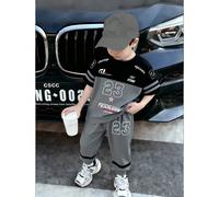 2 pièces Ensemble jeunes garçons Imprimé graphique lettre et numéro Noir et gris Imprimé numérique Tenue, T-shirt col rond mode et confortable Noir et gris, Pantalon, Top manches courtes et ensemble p