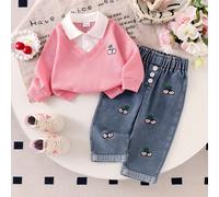 2 pièces Ensemble mode bébé fille : Top à manches longues avec col chemise, empiècement contrasté et broderie de cerises, et Pantalon en jean avec taille mi-haute, boutons décoratifs et broderie de ce