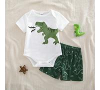 2 pièces Ensemble nouveau-né manches courtes blanc été décontracté graphique travail triangle vert barboteur short imprimé lion mignon doux confortable pour fêtes sorties 6-9M,0-1M,1-3M,3-6MAnimalPoly