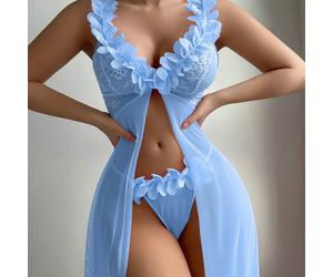 2 pièces Ensemble: Nuisette Maxi Dentelle Florale Contraste tulle + Culotte String, Conception de Mariage L,M,S,XLTissu en tulle
