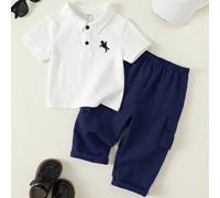 2 pièces Ensemble polo à manches courtes rouge imprimé urbain mignon pour bébé garçon et pantalon blanc à taille élastique avec poches. Convient pour anniversaire, soirée, représentation, mariage, bab