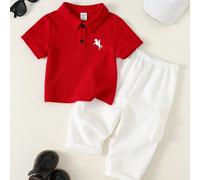 2 pièces Ensemble polo à manches courtes rouge imprimé urbain mignon pour bébé garçon et pantalon blanc à taille élastique avec poches, convient pour anniversaire, soirée, représentation, mariage, bab