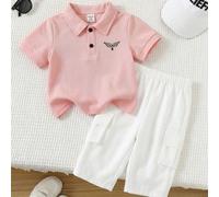 2 pièces Ensemble polo à manches courtes rouge imprimé urbain mignon pour bébé garçon et pantalon blanc à taille élastique avec poches. Convient pour anniversaire, soirée, représentation, mariage, bab