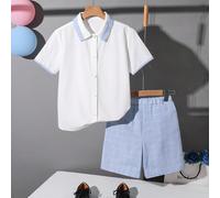 2 pièces Ensemble polo de contraste de couleur décontracté pour pré-adolescent et short à taille élastique à carreaux, convient pour la Saint-Valentin, la saison des mariages, les fêtes, le printemps/