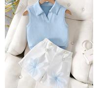 2 pièces Ensemble pour fillette tout-petite : Top sans manches côtelé bleu col V + Short blanc tissé, mode mignonne avec boutons perlés cousus à la main et décoration florale 3D, convient pour les sor