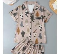 2 pièces Ensemble pyjama d'été respirant pour femmes, haut à manches courtes avec col polo à boutons et shorts à taille élastique, motif de chat de bande dessinée, confortable et ample, convient à tou