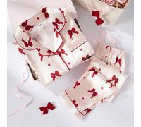 2 pièces Ensemble pyjama filles avec Top à manches courtes avec col polo à nœud papillon et motif ruban, et pantalon long décontracté 8Y,9Y,10Y,11-12YAnimal,GéométriqueSatin