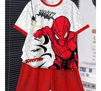 2 pièces Ensemble pyjama garçon décontracté avec motif de dessin animé d'araignée, manches courtes et shorts. Araignée héros de dessin animé classique, cool et élégant avec motif d'araignée, toile d'a