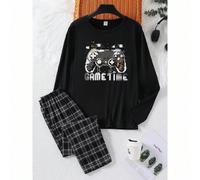 2 pièces Ensemble pyjama garçon grande taille décontracté avec Sweat-shirt à col rond manches longues imprimé graphique jeu vidéo et pantalon à carreaux, tricot doux, noir, automne 14Y,13Y,16Y,15YHall