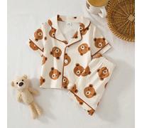 2 pièces Ensemble pyjama garçon tout-petit décontracté mignon avec t-shirt en tricot imprimé ours en peluche et short, doux et confortable, pour un port quotidien 6-9M,9-12M,12-18M,18-24M,2-3YCartoonÉ