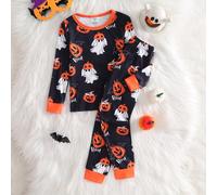 2 pièces Ensemble pyjama pantalon à manches longues pour jeune garçon, tissu doux et confortable à haute élasticité, imprimé citrouille rose et fantôme 6Y,7Y,4Y,5YHalloweenTricot côtelé