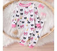 2 pièces Ensemble pyjama pour bébé fille, confortable et doux, en tissu rayonne haute élasticité, avec nœud papillon, imprimé intégral, manches longues, col rond, leggings 2Y,3Y,9-12M,12-18M,18-24MGéo
