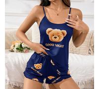 2 pièces Ensemble pyjama pour femmes avec débardeur à bretelles fines et dos nu et short imprimé avec lettres et ours, 140g de soie de lait à impression numérique L,M,S,XL,XSTissu tricoté