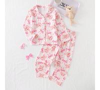 2 pièces Ensemble pyjama pour fille tout-petit, tissu doux et confortable, col ouvert à revers, boutons, imprimé intégral ours en peluche, nœud et carreaux, manches longues et pantalon long 6Y,7Y,4Y,5