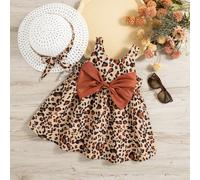 2 pièces Ensemble robe et chapeau pour bébé fille, imprimé léopard avec nœud papillon, sans manches, tenue d'été, vacances à la plage 6-9M,9-12M,12-18M,18-24M,1-3M,3-6MImprimé léopard,Motif texturéPol