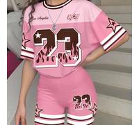 2 pièces Ensemble rose et marron en jersey, robe de sport de voiture de course, motif USA LOS ANGELES n°23, T-shirt à manches courtes et short décontractés ample convenant aux préadolescentes, adapté 