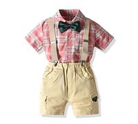 2 Pièces Ensemble Short Enfant Garcon, Highdi Ensemble de Vêtements Imprimé à Carreaux Hawaïen d'Été Chemise à Manche Courte + Short avec Poches pour Bébés Garçon 2-7 Ans (F,130cm)
