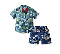 2 Pièces Ensemble Short Enfant Garcon,Highdi Ensemble de Vêtements Imprimé Feuille Tropicale Hawaïen d'Été Chemise à Manche Courte + Short avec Poches pour Bébés Garçon 1-6 Ans (Cocotier,130)
