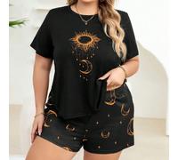 2 pièces Ensemble short et Top à manches courtes en tissu de soie de lait noir doux avec imprimé soleil et lune nature, jaune vif, grande taille, tenues 0XL,1XL,2XL,3XL,4XL,5XLGalaxie,GéométriqueTissu
