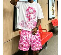 2 pièces Ensemble streetwear pour hommes, T-shirt graphique blanc et short camouflage rose, impression de portrait et de lettres Los Angeles, tenue décontractée d'été pour city break, festival de musi