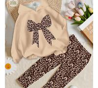 2 pièces Ensemble Sweat-shirt à capuche et legging vintage imprimé léopard avec nœud décoratif pour jeunes filles, kaki, confortable pour l'automne/hiver. Ensemble pour jeunes filles, tenue léopard, v