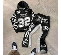 2 pièces Ensemble sweat-shirt à capuche et pantalon de jogging pour garçons - "Au-delà des limites 32" Aigle audacieux Streetwear Tenue d'automne/hiver motivante pour adolescents et préadolescents, co