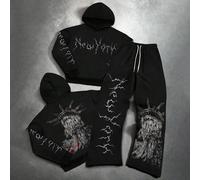 2 pièces Ensemble sweat-shirt à capuche et pantalon de survêtement avec slogan New York et graphique de la Statue de la Liberté pour hommes, style streetwear, convient pour l'automne et l'hiver L,M,S,