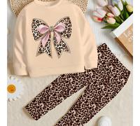 2 pièces Ensemble Sweat-shirt à manches longues confortable avec col rond et leggings, décoration nœud imprimé léopard rétro mignon pour préadolescentes. Convient pour la mode preppy d'automne/hiver,