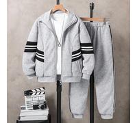 2 pièces Ensemble Sweat-shirt épais japonais et pantalon, gris, un must-have à la mode pour les garçons adolescents en automne/hiver, tissu doux et confortable, gris chiné classique avec bordure noire