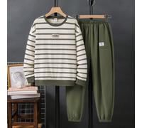 2 pièces Ensemble sweat-shirt rayé kaki et pantalon cargo style sport rétro américain décontracté pour garçon préadolescent, convient pour l'automne/l'hiver, l'école, les réunions de famille, la rentr